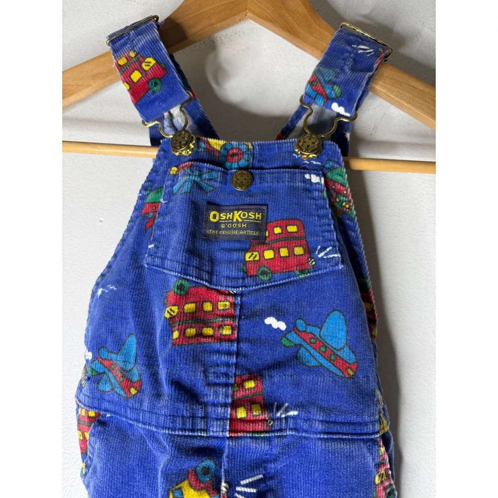 VTG Oshkosh Overalls Corduroy Trains‎ All Over Print Vestbak Sz 4t USA Blue